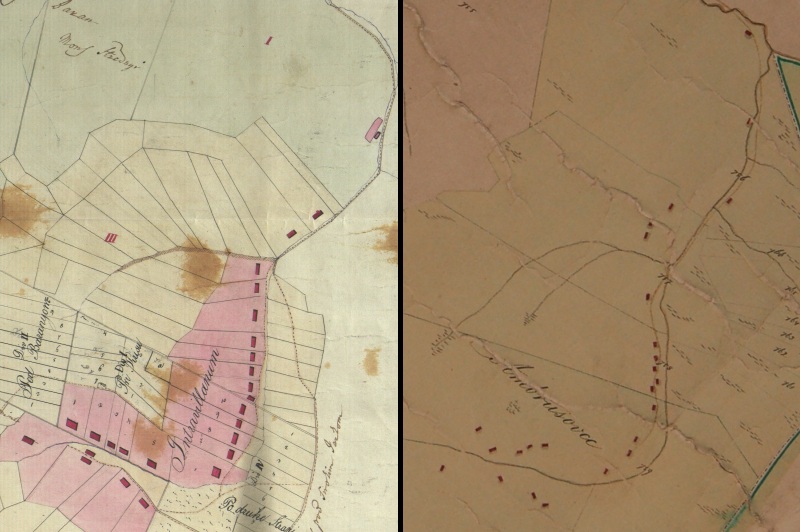 Porovnanie osídlenia osady Ambrušovce z máp z roku 1837 a 1865. ©ŠOBA 