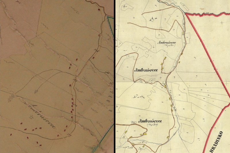Porovnanie osídlenia osady Ambrušovce z máp z roku 1865 a 1869. ©ŠOBA 