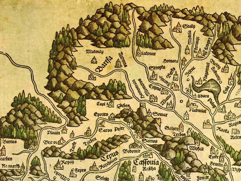 Lazar Roseti: Tabula Hungariae. Na mape zobrazené pohorie Čergov a okolité mestečká Bardejov, Prešov, Šariš, Sabinov.