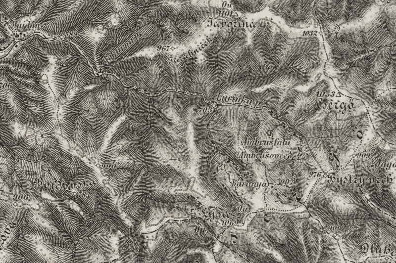 Oblasť horských obcí Ambrušovce a Baranie na mape Sabinova z kolekcie máp Rakúsko-Uhorska vydanej v roku 1910.