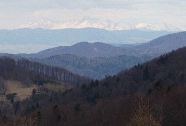 Výhľad na Tatry zo sedla Lysina (zväčšený záber)